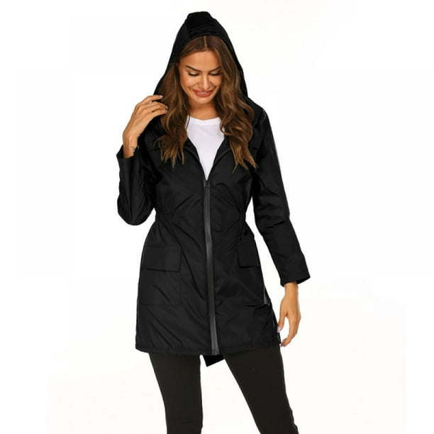 Bangus Women Rain Jacket With Hood Lightweight Waterproof Rain Coats For Women Breathable Outdoor Long Trench Raincoat Black S