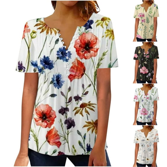 Fesfesfes Womens Shirt Women Fashion Summer Sexy Fold Printed Regular Women Short Sleeves V Neck Button Top Women Gym Clothes S(US:4)