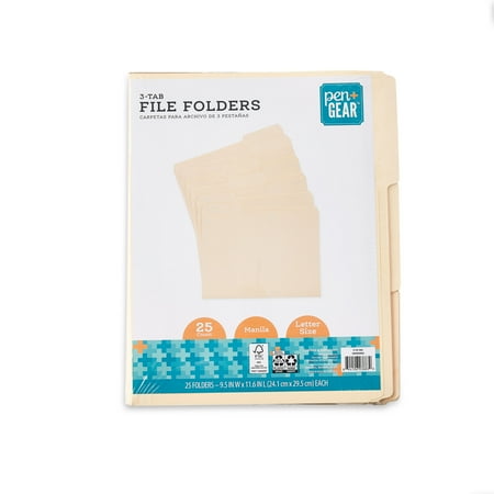 Pen+Gear 3-Tab Manila File Folders, 25 Count, Letter Size, 9.5" x 11.6" x 2.5"
