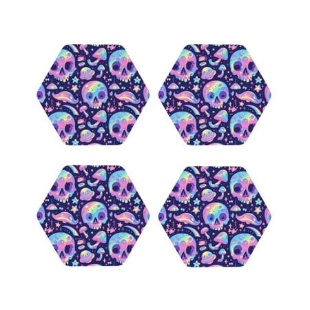 

Coasters Set of 4 - crystal Skull mushroom Drink Coasters for Tabletop Protection Leather Coasters for Living Room Decor and Housewarming Gift Hexagon