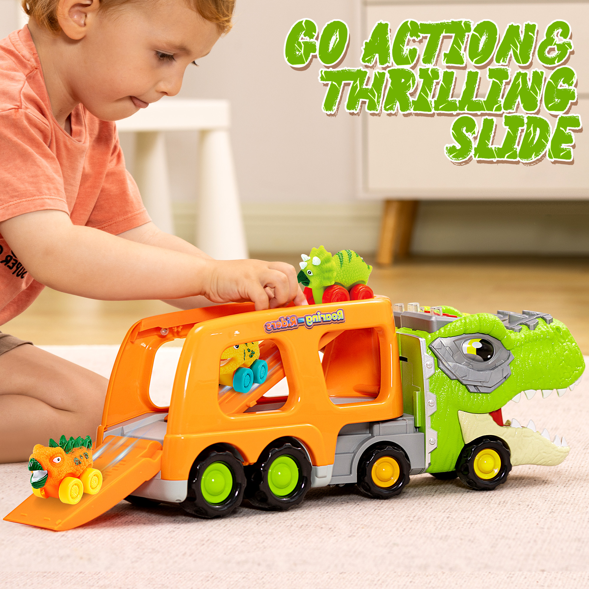 Joyfy Dinosaur Truck Toy with 6 Mini Cars, Lights & Sounds photo 2
