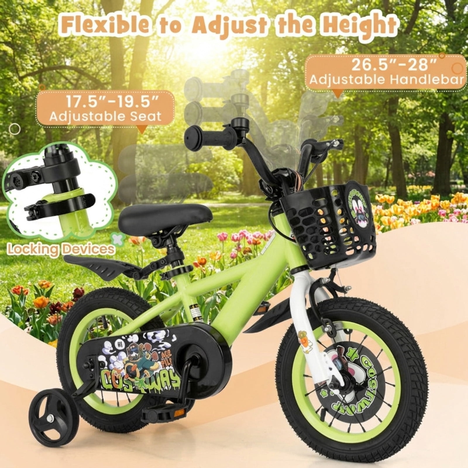 Redsmile Kids Bike 12 Inch with Detachable Training Wheels for 3-4 Years Old Boys Girls, Adjustable Kids Bicycle with Storage Basket, Handbrake and Coaster Brake, 12" Toddler Bike, Green