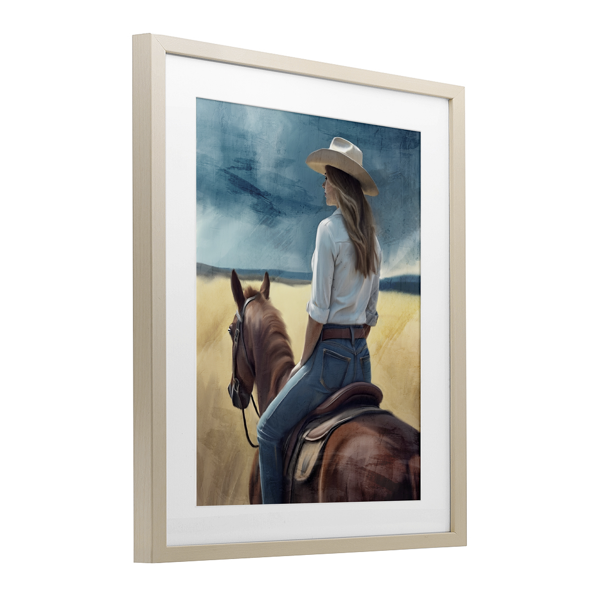 Countryside Cowgirl View Birch Framed Print Under Glass, design by Kim Allen