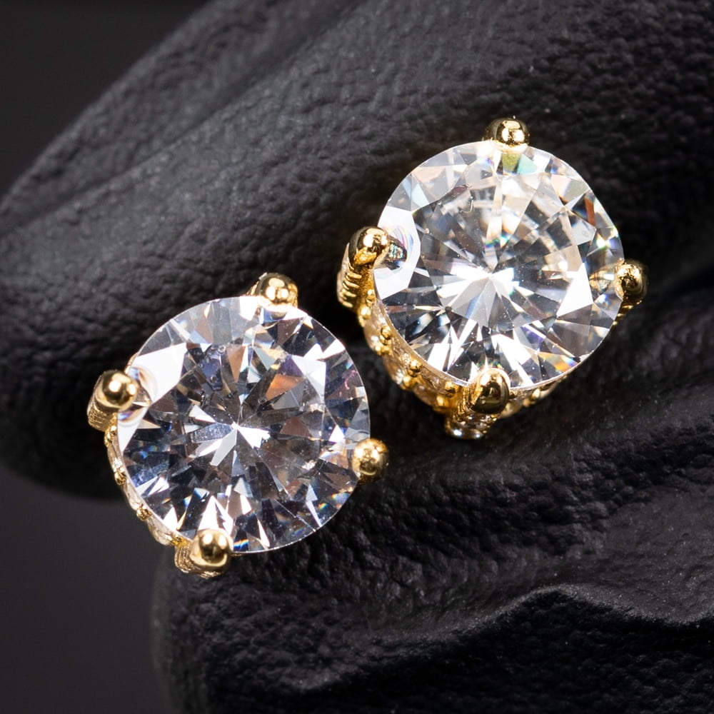 Men Women Classic Yellow Gold Plated 925 Sterling Silver Fully Iced Cz Round Solitaire Stud Earrings Screw Back Stud Circle Earrings 9 Millimeters Unisex Small Earring Studs