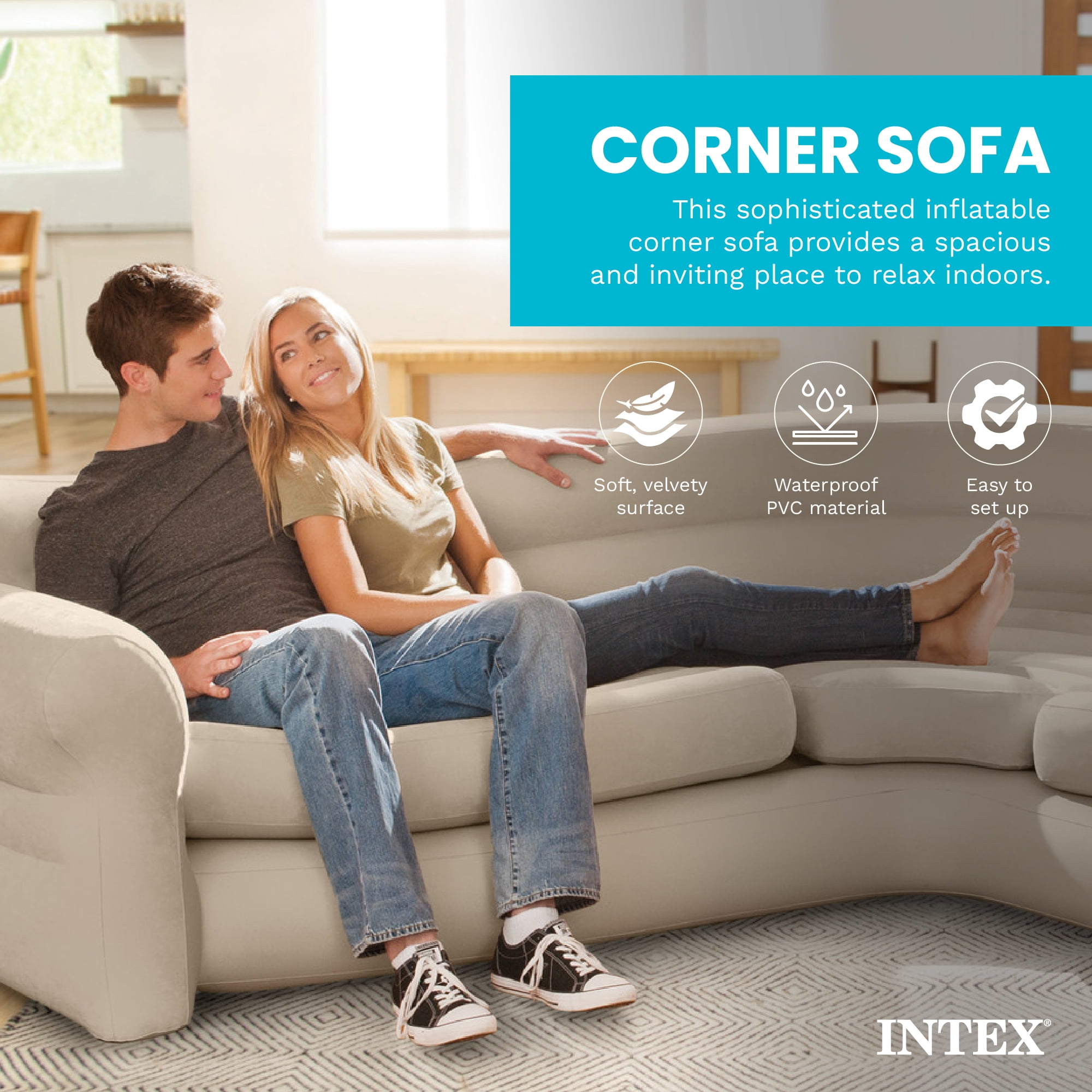 Intex Inflatable Corner Living Room Air Mattress Sectional Sofa, Beige