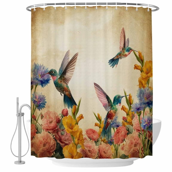 Vintage Hummingbirds Shower Curtain Set - 48" x 72" Washable Bathtub Curtain with 12 Hooks, Spring Farmhouse Country Flowers Waterproof Fabric Stall Shower Curtains for Bathroom/Bathtub Décor
