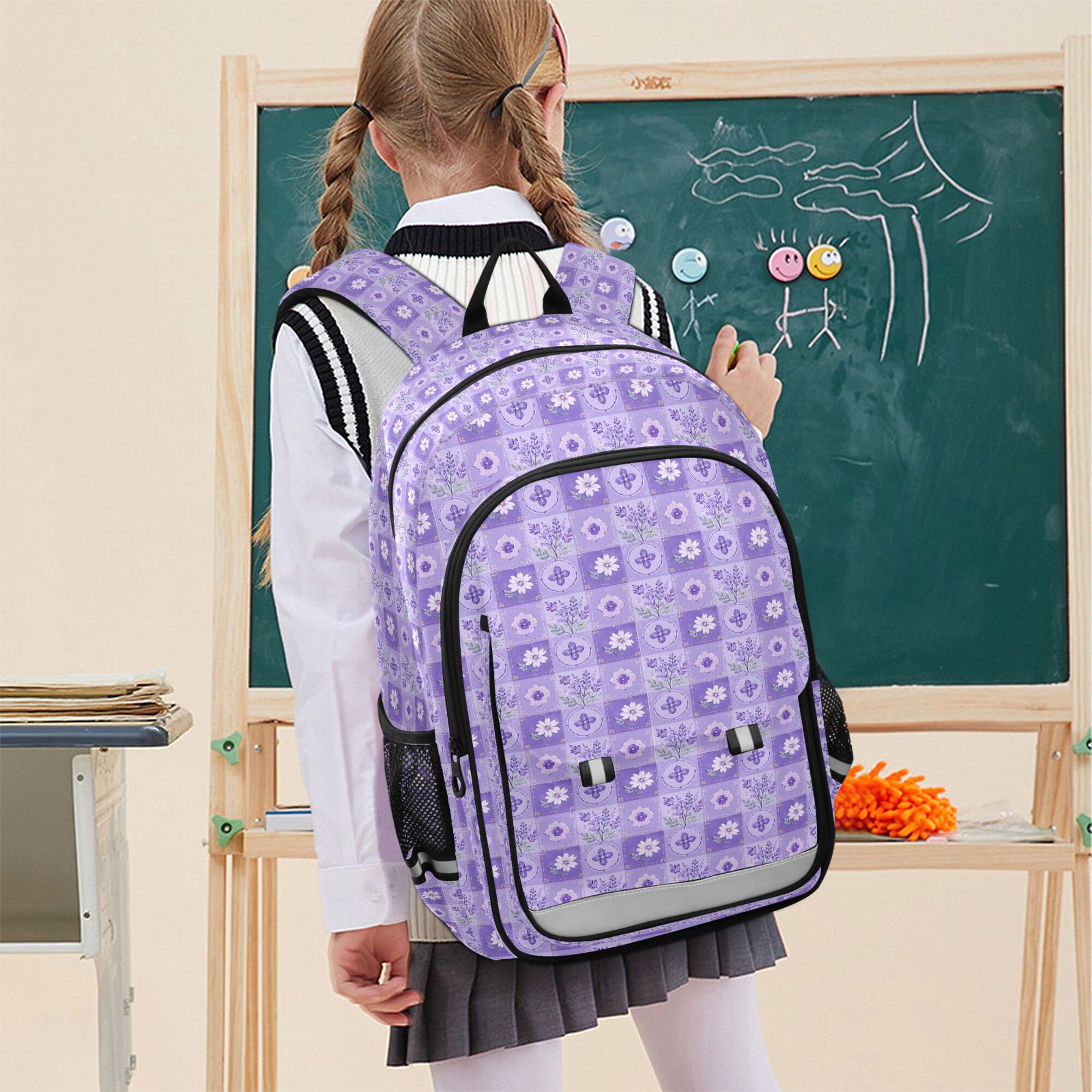 Mochila escolar para niños, unisex de 17 pulgadas, casual, con bolsillos y compartimentos, patrón de cuadros lavanda 7