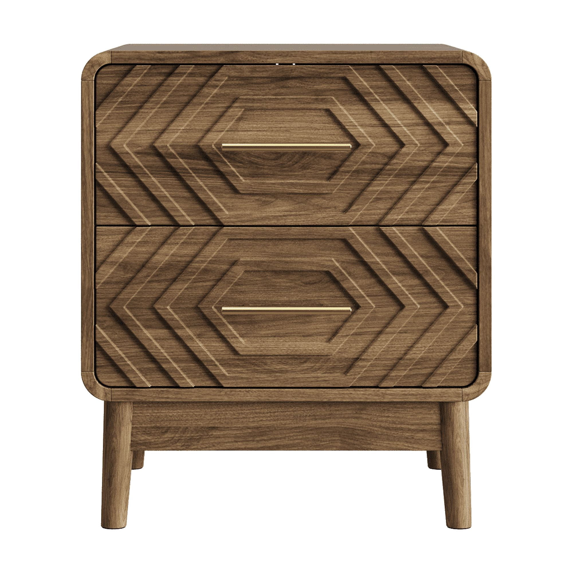 Walnut wood bedside table, double drawer bedside table with solid wood legs and gold metal handles, rounded corner end table suitable for bedroom.