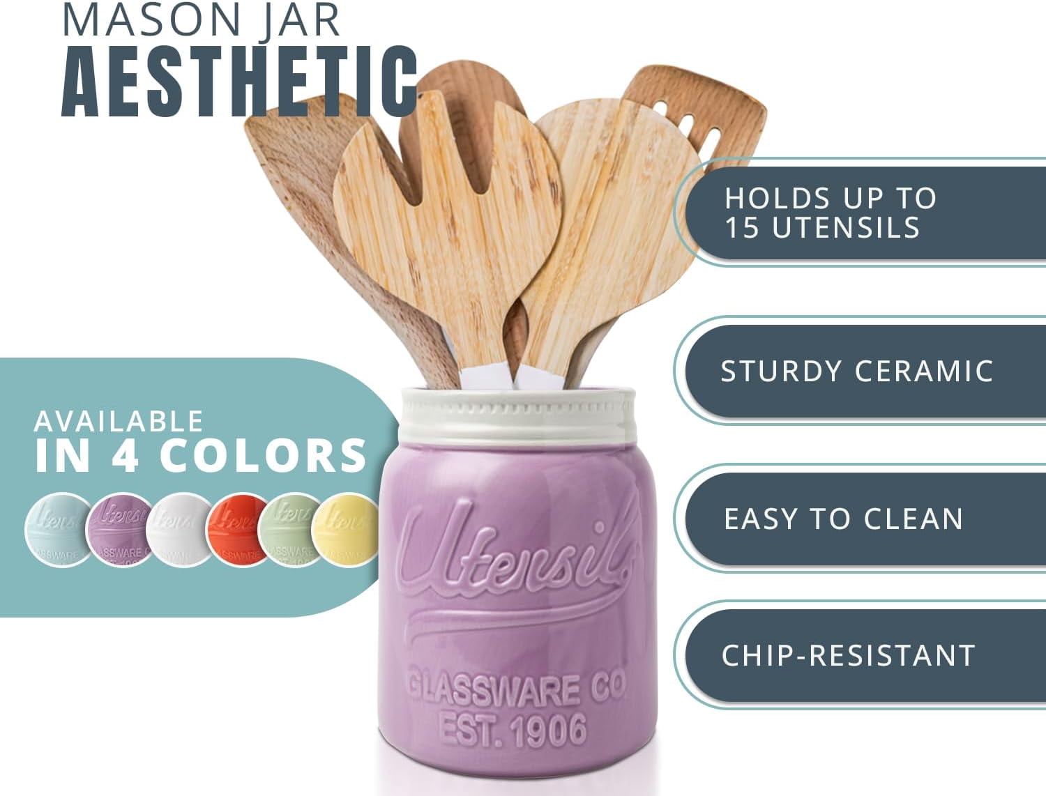 Comfify Ceramic Mason Jar Utensil Holder for Countertop Kitchen Use, Purple