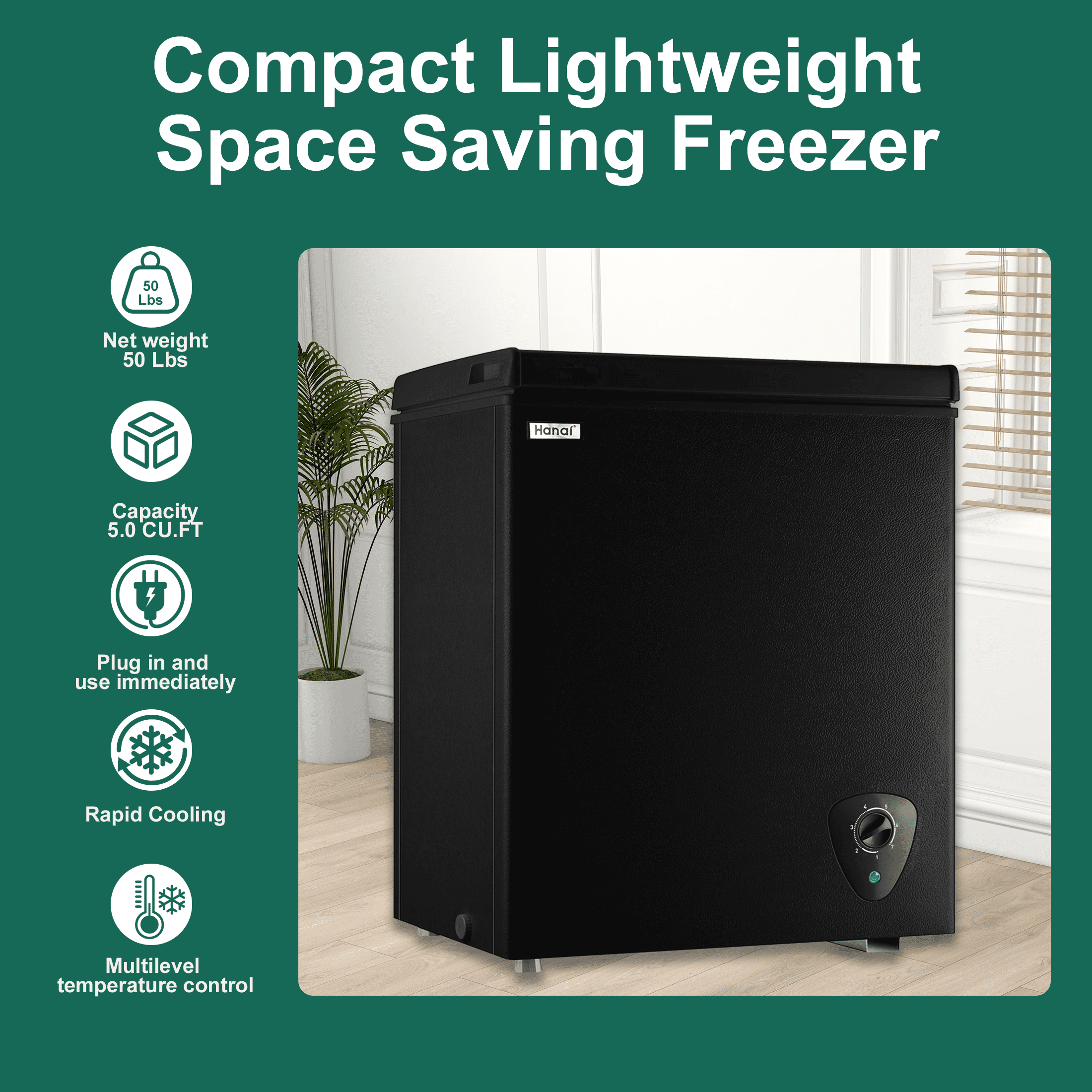 WANAI 5.0 Cu.Ft Black Deep Freezer, Compact Chest Freezer with Removable Basket, 7-Speed Temp Control, Energy Saving, Top Door Design for Kitchen Garage Office