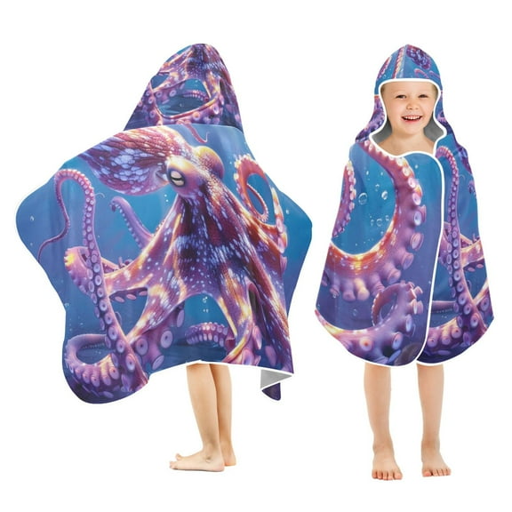 Octopus Underwater Kids Hooded Beach Towel Baby Bath Poncho Towels with Hood Absorbent 50"x23.5" for Pool Swimming