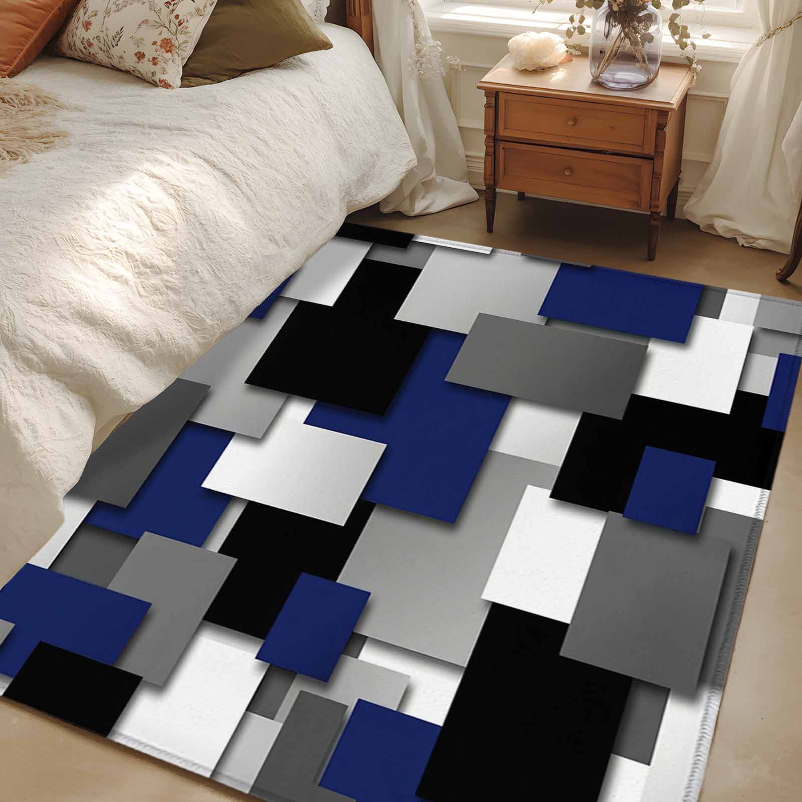 Navy Blue Black Geometric Kitchen Runner Rug 2.7x5 Washable Runners for Hallway Non Slip Modern Abstract Art Block Large Area Rug Indoor Floor Carpet for Bathroom Laundry Entryway Bedroom Living Room