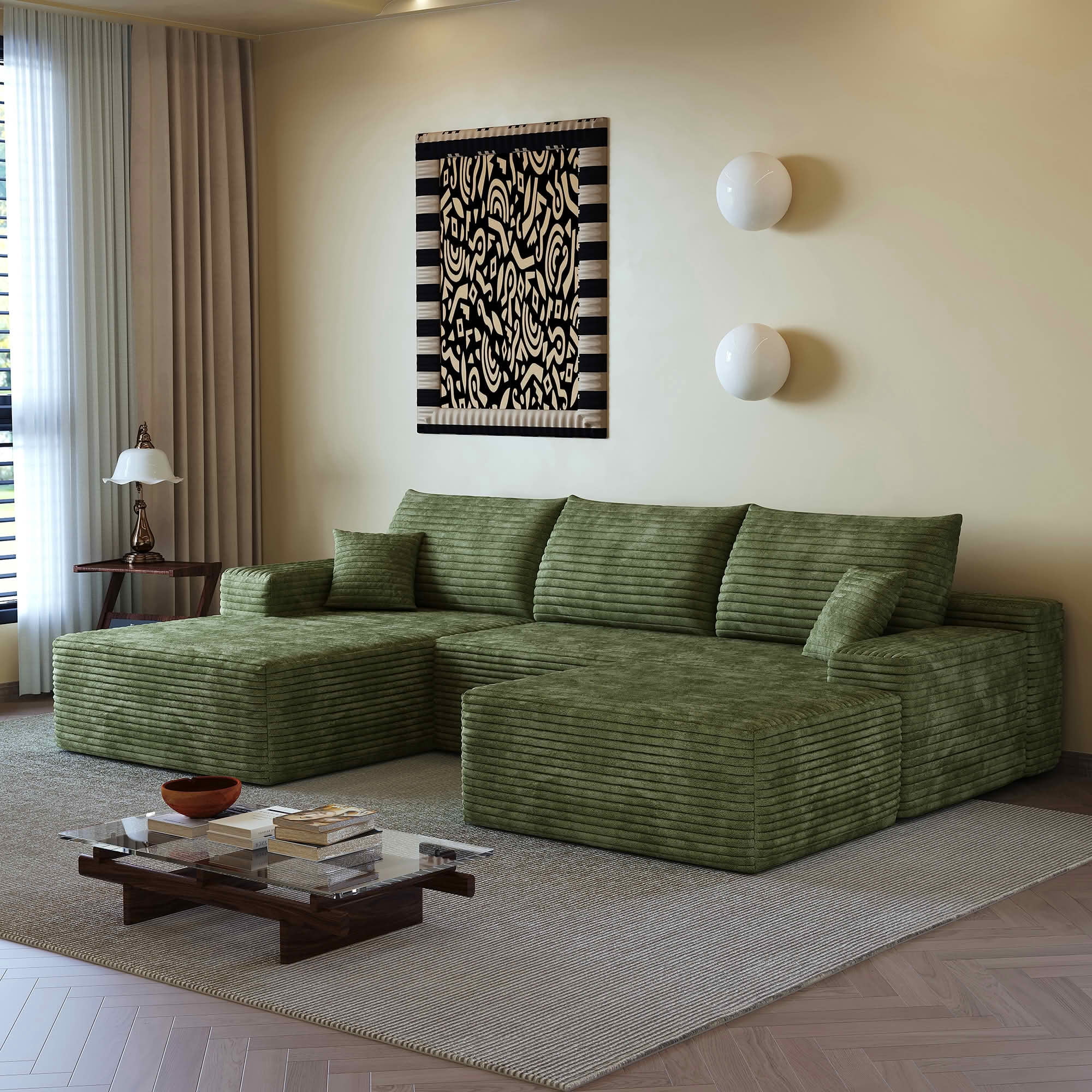 MAYEERTY 107 Inch U‑Shaped Cloud Modular Sectional Sofa with 1 Ottoman, Modern Deep‑Seat Corner Couch, Plush Corduroy Upholstery, No‑Assembly Reversible Chaise Sofa for Living Room Bedroom Apartment