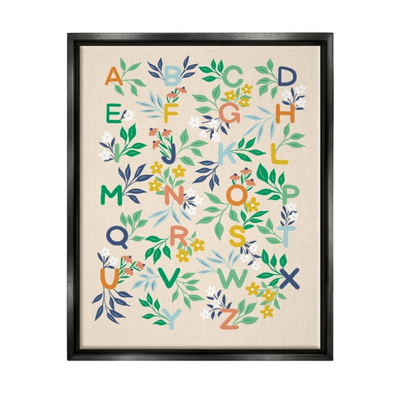 Stupell Industries Cottage Blooms Alphabet Typography Painting Black Floater Framed Canvas Art Print Wall Art, 17 x 21