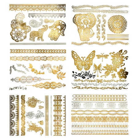 Premium Metallic Henna Tattoos - 75+ Mandala, Mehndi, Boho Designs in Gold and Silver - Temporary Fake Shimmer Jewelry Tattoo - Flowers, Elephants, Bracelets, Wrist and Arm Bands (Dawn
