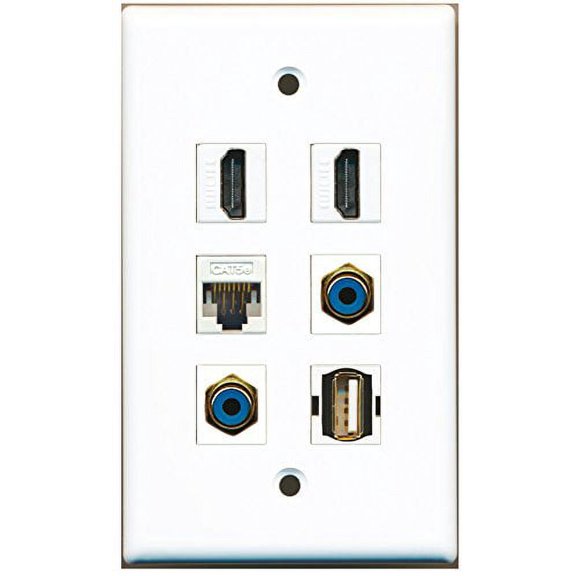 RiteAV - 2 HDMI 2 Port RCA Blue 1 Port USB A-A 1 Port Cat5e Ethernet White Wall Plate