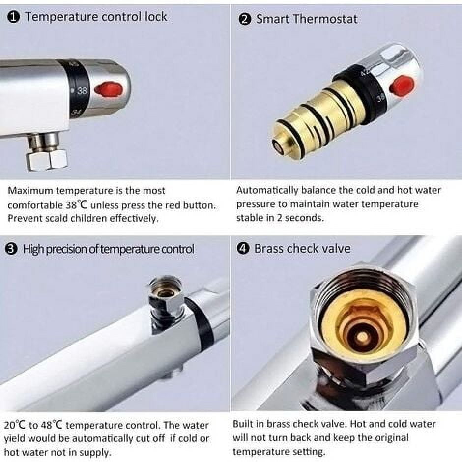 Chrome Thermostatic Shower Mixer - Burn-Proof - Bathtub Filler Faucet with Exposed Shower Head