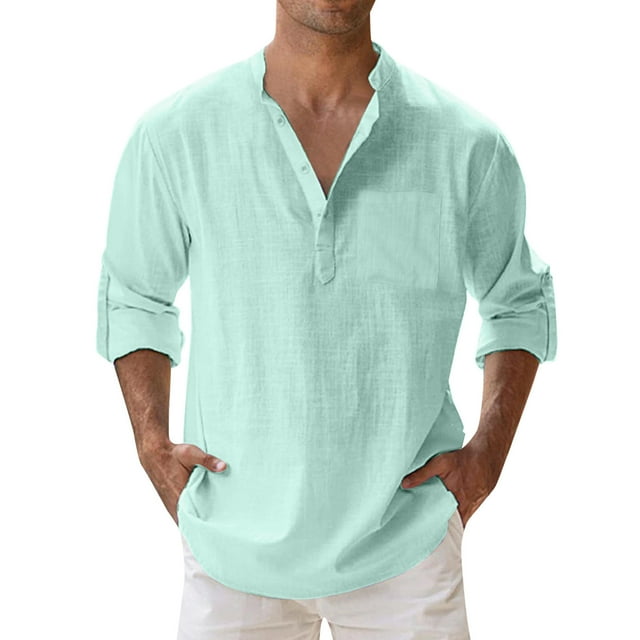 Mens Spring Loose Stand Collar Solid Color Pocket Long Sleeve Pullover Shirt