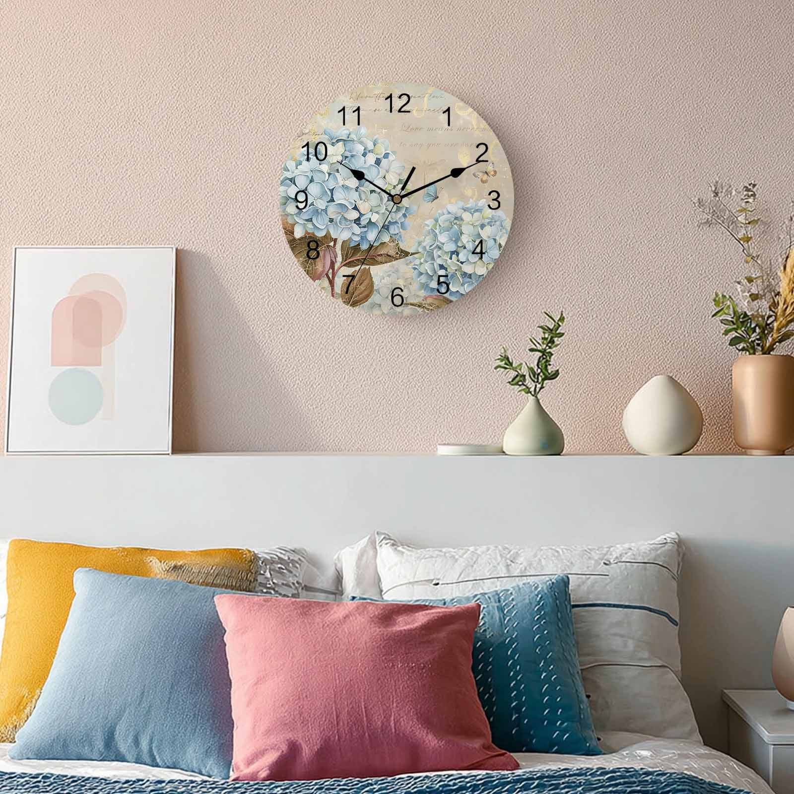 Wall Clock Hydrangea Floral Clocks PVC Silent Non-Ticking Battery Operated Decorative Butterfly Vintage Blossoms Flowers Round Clock for Home Living Room Kitchen Bedroom Office Wall Decor 10 Inch