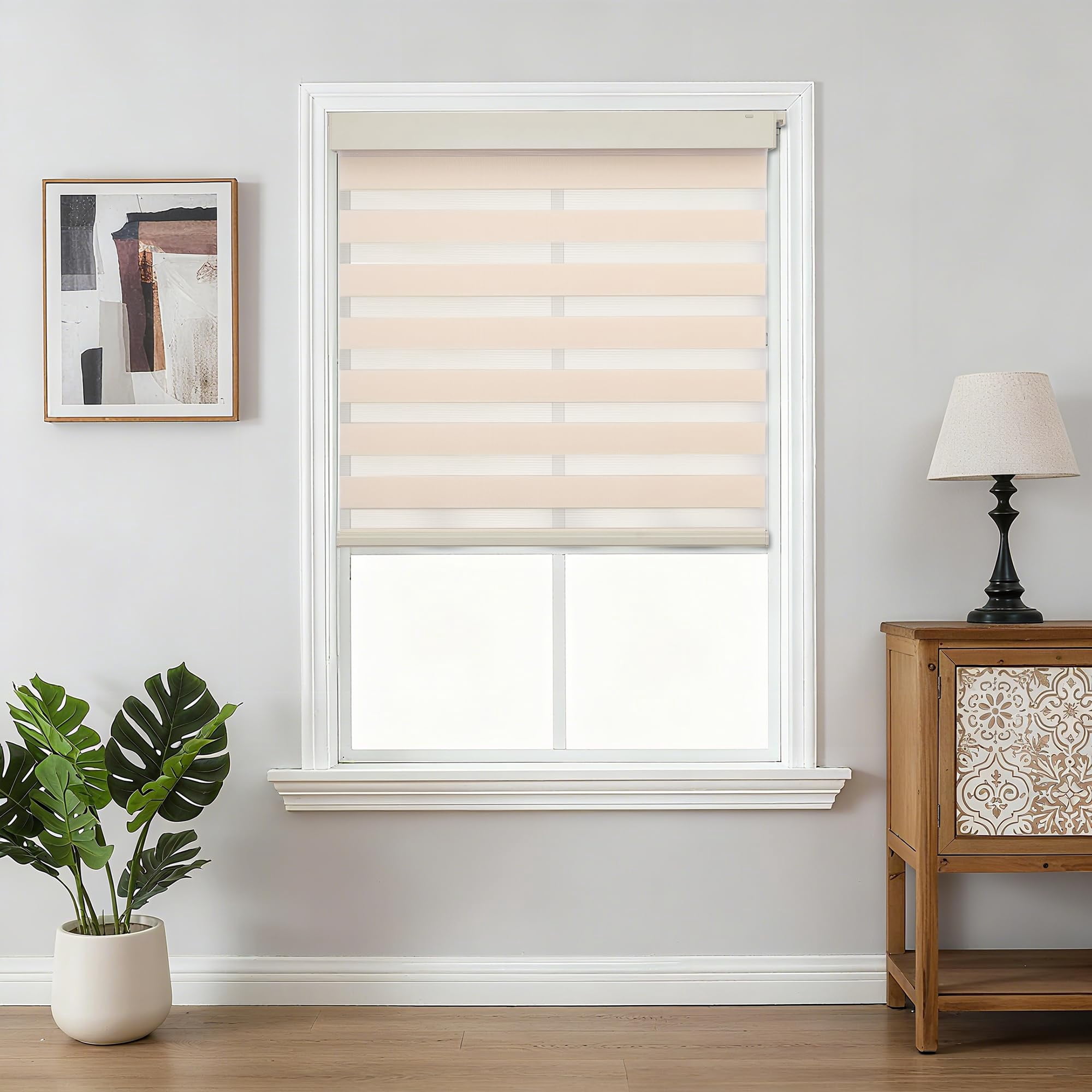 No Drill Zebra Blinds For Windows  Cordless Day & Night Dual Sheer Roller Shades Easy Installation Free-stop Lift System Light Filtering Privacy Home(beige 23" W X 75" H)