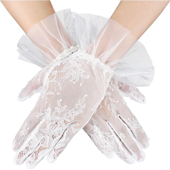 PIKADINGNIS Short White Lace Gloves Women Lace Hand Gloves Tea Party Gloves Opera Gloves Lace Glove Tea Party for Wedding Dinner Party
