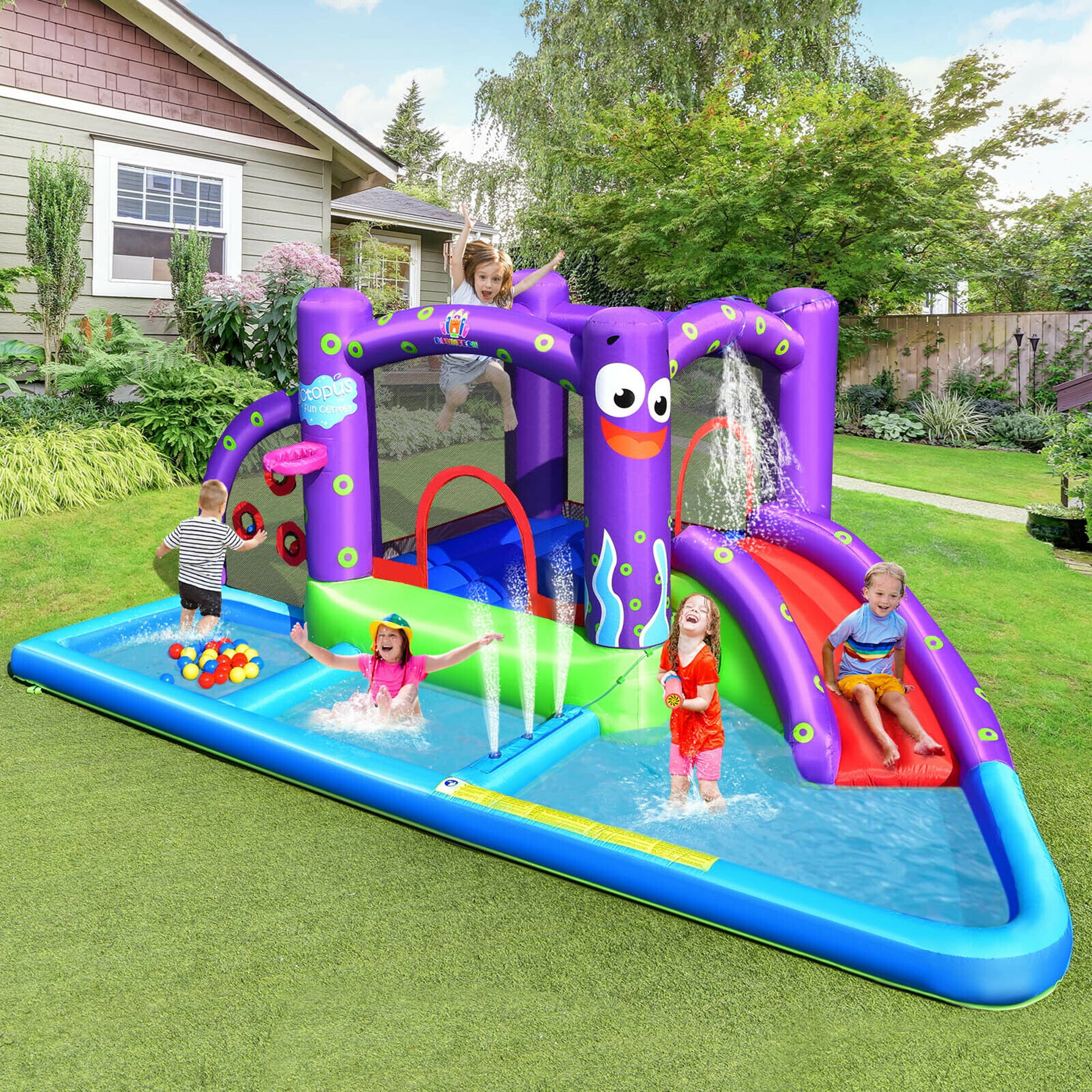 Gymax Inflatable Water Slide Castle Kids Bounce House w/ Octopus Style & 750W Blower