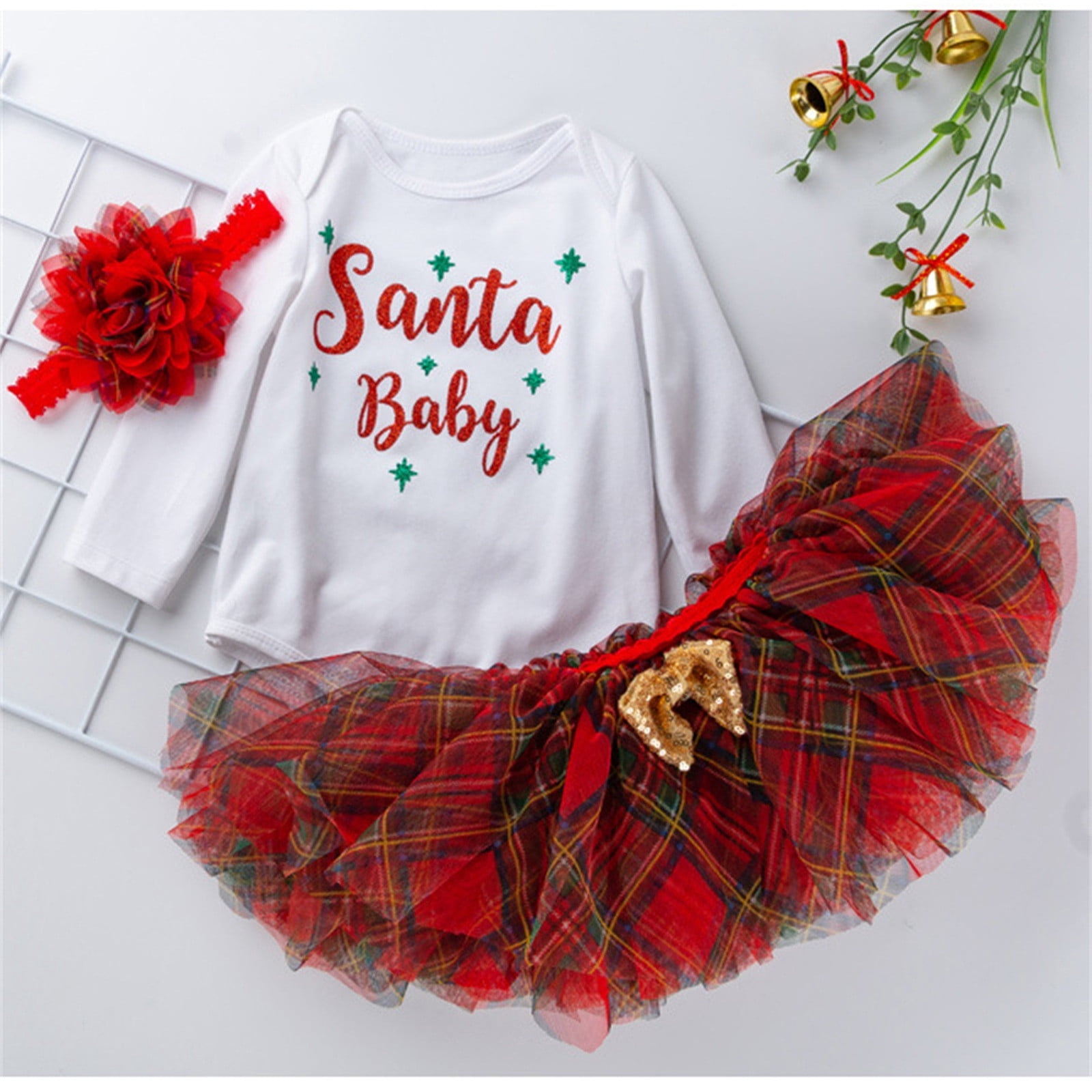 gcong My First Christmas Baby Girl Outfit Long Sleeve Romper Dress Santa Elk Dresses Fall Winter Clothes with Bowtie