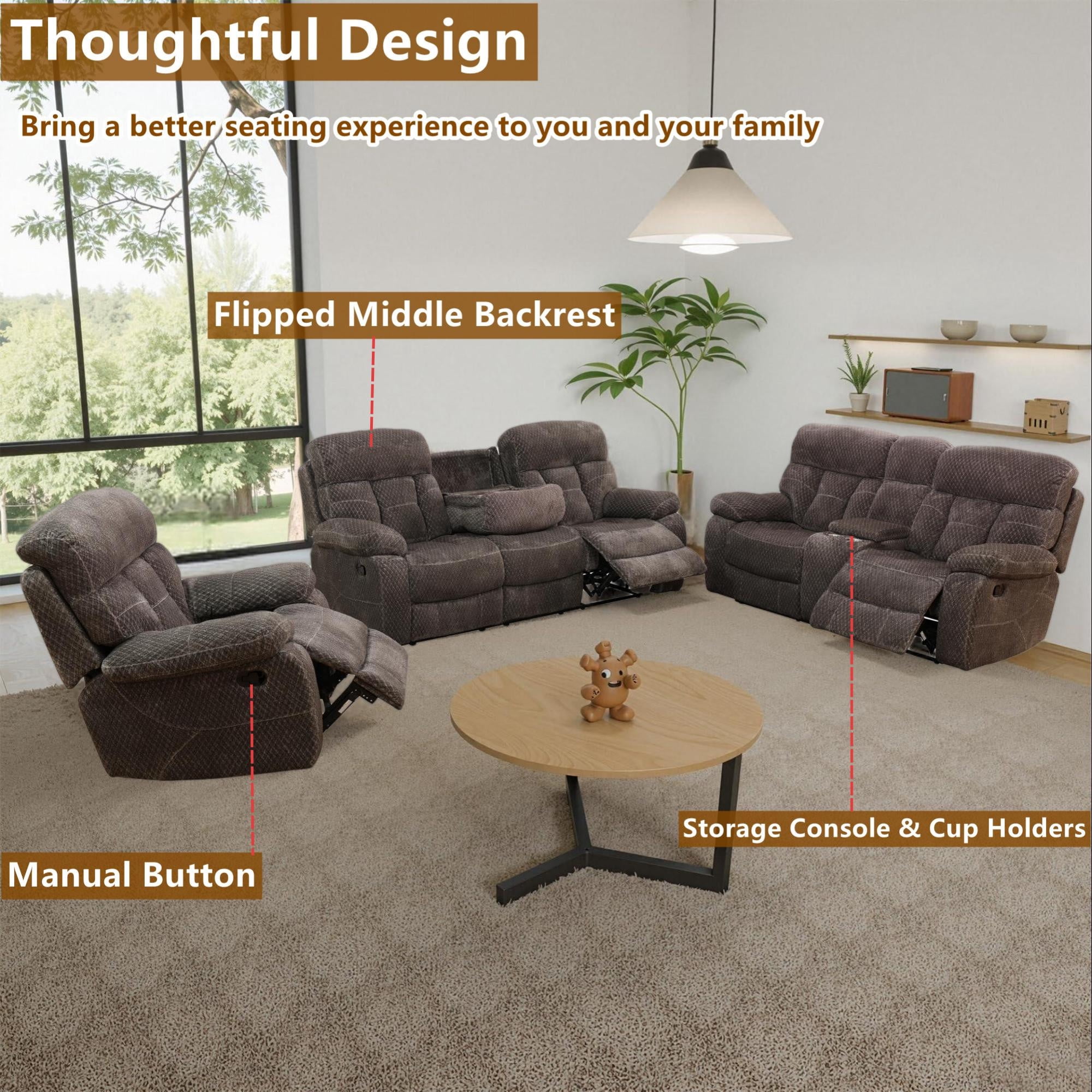 Aukfa 3-Piece Recliner Sofa Set, Oversized Armchair+Loveseat +3 Seat Sofa, 2 Cup Holders&Storage Console, Microfiber, Brown
