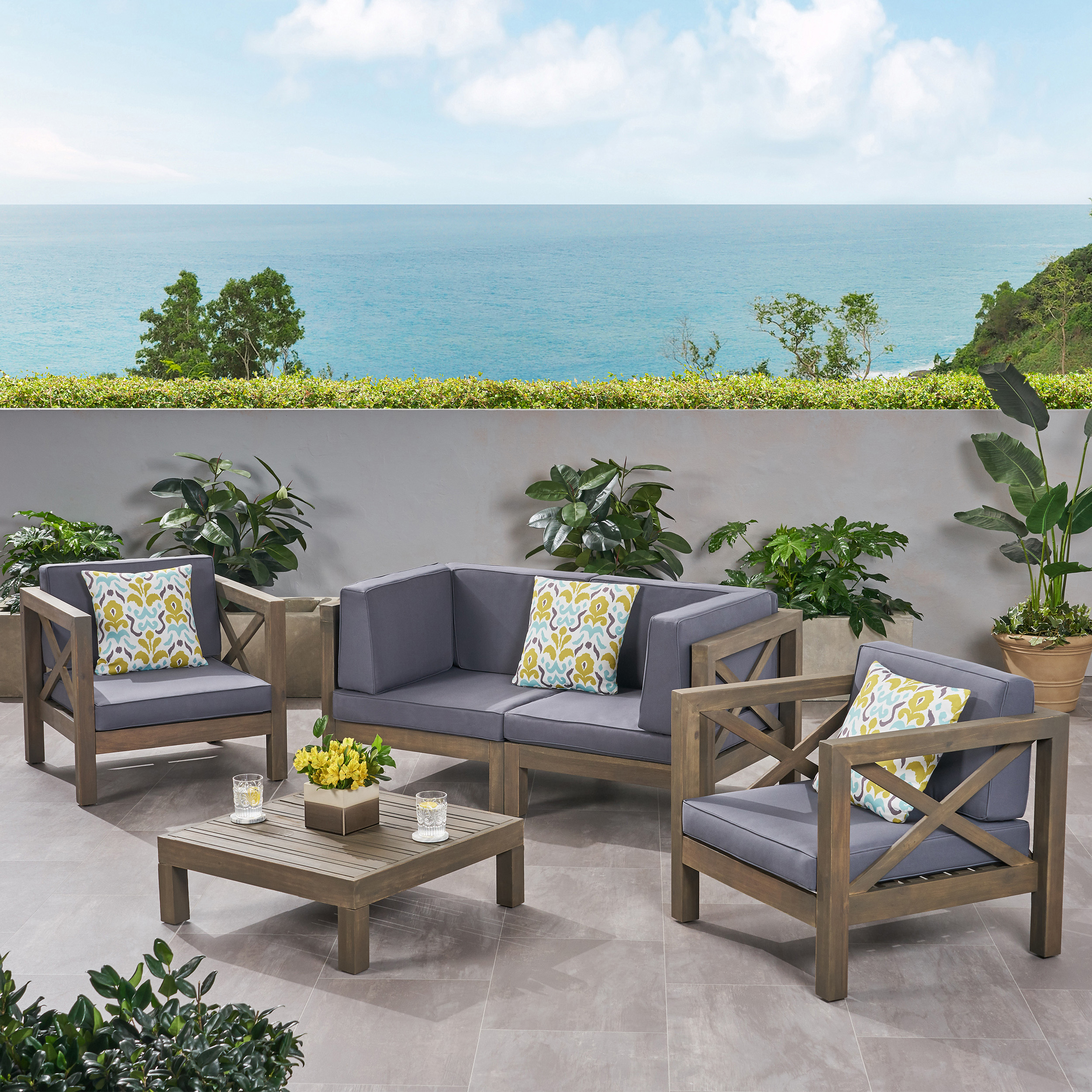 Elisha Outdoor 4 Seater Acacia Wood Loveseat Chat Set, Gray and Dark Gray