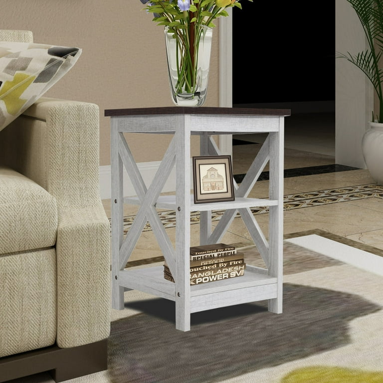 Farmhouse Wood End Table with 3 Tier Storage Sargent Oak