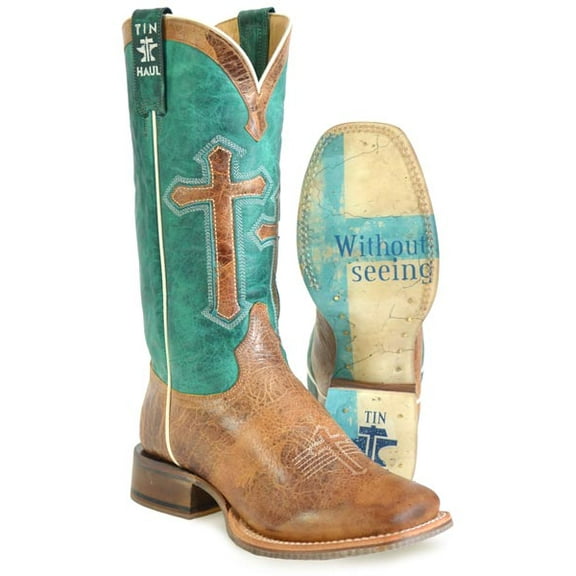 Women's Tin Haul Crucifix Boots With Blessed Are Blessed Are Those Sole Handcrafted Brown