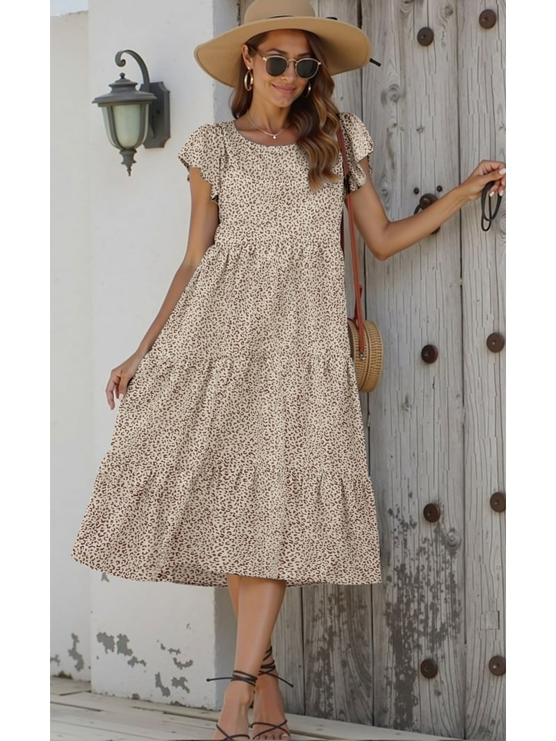 knee length dresses for ladies Maroon Ruffle Sleeve Midi Dress with Back Tie main image 1