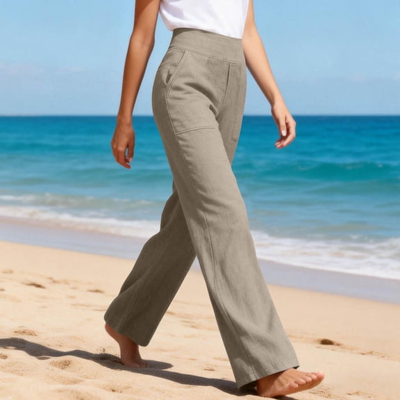 Womens Casual Cotton Linen Pants Lightweight Summer Loose Fit High Waist Straight Leg Plus Size Solid Lounge Trousers Brown L