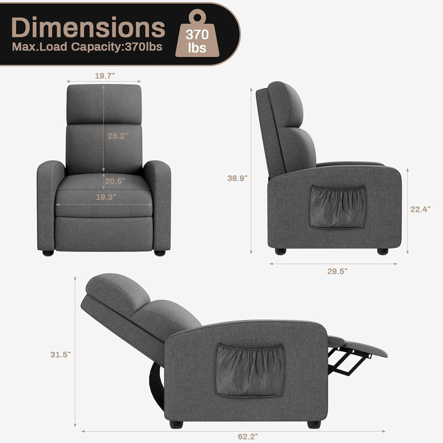 LAZY BUDDY Recliner Chair for Adults, 3 in 1 Adjustable Single Recliner Sofa with Thicker Seat Cushion and Side Pocket, Home Theater Seating with Backrest and Footrest, for Living Room