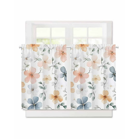 Blue Red Flowers Short Blackout Curtains 36 Inch Long Spring Watercolor Leaves Floral Rod Pocket Kitchen Curtains, 2 Panels Thermal Insulated Room Darkening Drapes for Bedroom, 30"W x 36"L