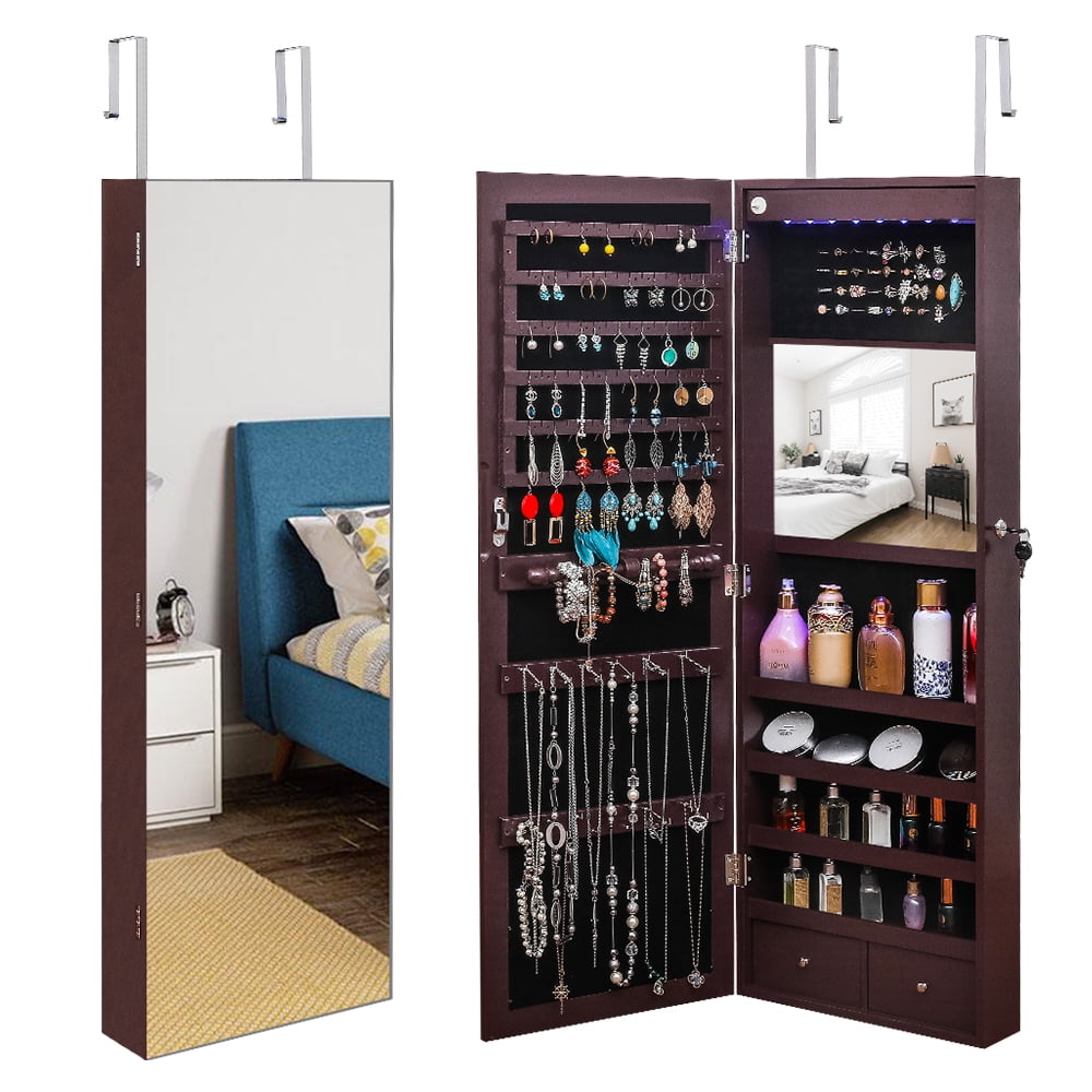 Kepooman Full Mirror Wooden Wall Mounted 4-Layer Shelf 2 Drawers With Inner Mirror 8 Blue Led Light Jewelry Storage Mirror Cabinet - Dark Brown Kepooman Full Mirror Wooden Wall Mounted 4-Layer Shelf 2 Drawers With Inner Mirror 8 Blue Led Light Jewelry Storage Mirror Cabinet - Dark Brown