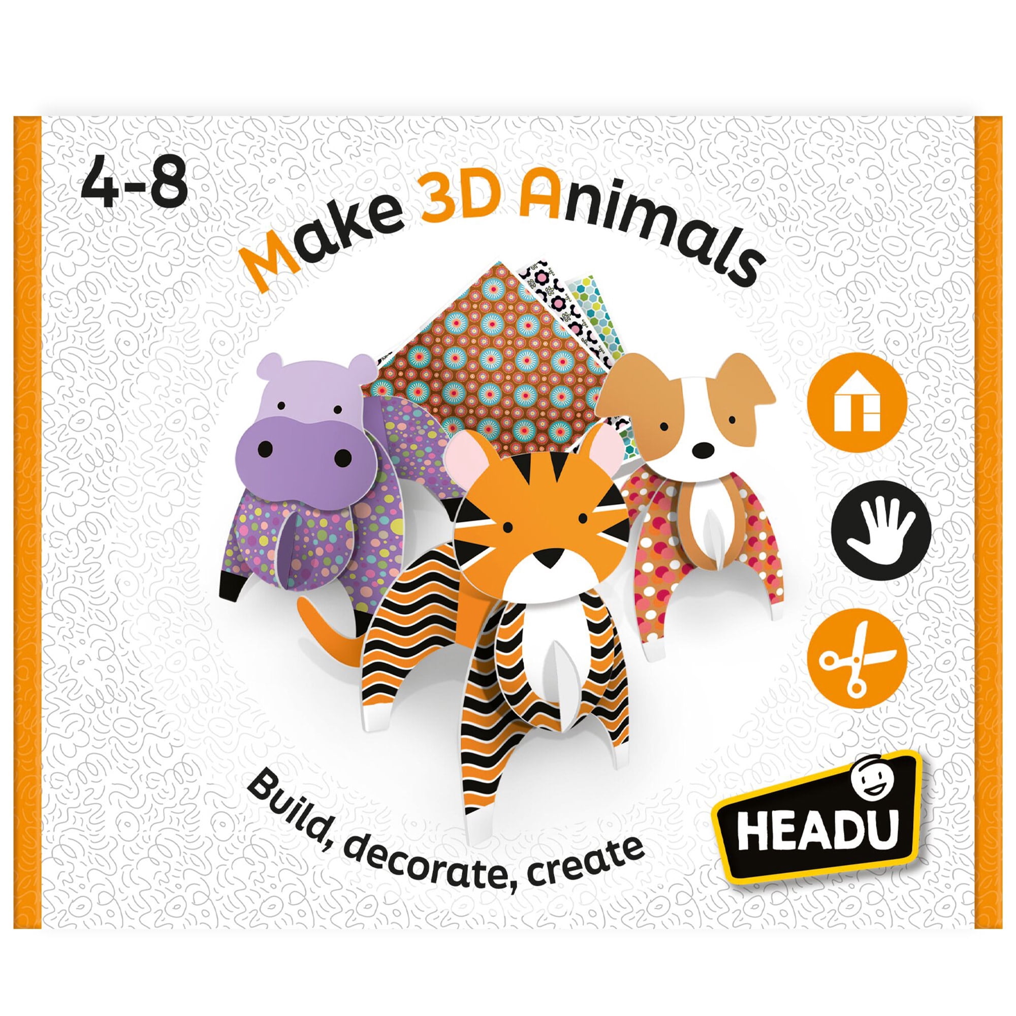 Headu: Make 3D Animals - DIY Build-Decorate-Create 10 Freestanding Animals, Fold & Connect Cardboard Pieces, Mix & Match Styles, Stickers, Kids 4+