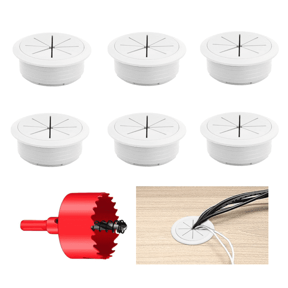 Desk Grommet & Cable Grommet 1.97 Inch (6 Pack) - White Desk Hole Cover with Hole Saw - Cable Management Kit for Office, Wire Hider Kit