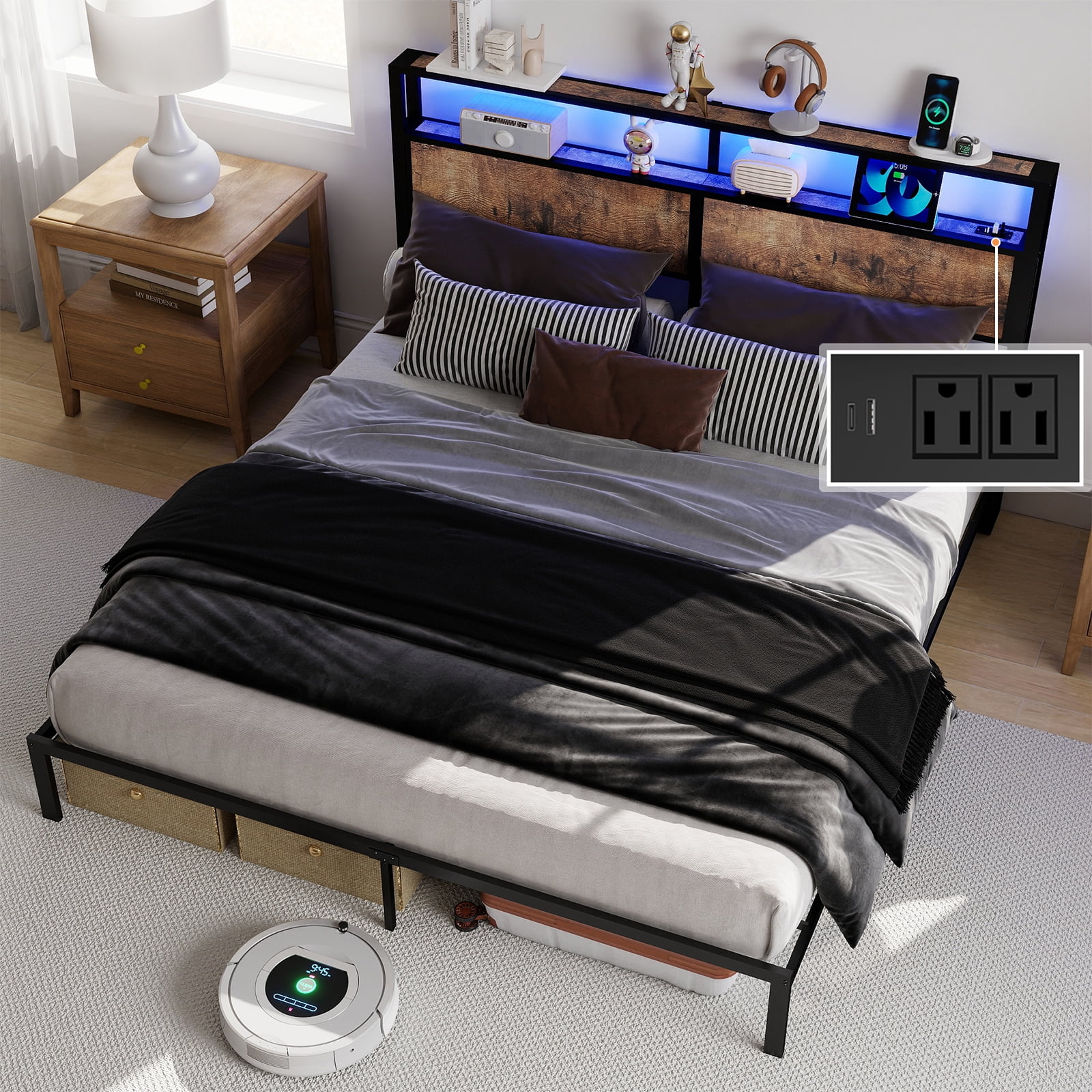 Leumius King Size Bed Frame with Headboard, Platform Bed with RGB LED Light & Charging Station & Under Bed Storage Space, Easy Assembly, Brown