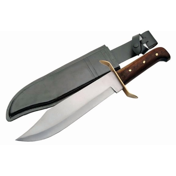 SZCO Supplies 15” Full Tang Bowie Style Fixed Blade Knife with Stainless Steel Blade, Wooden Handle, Brass Guard, and Leather Sheath