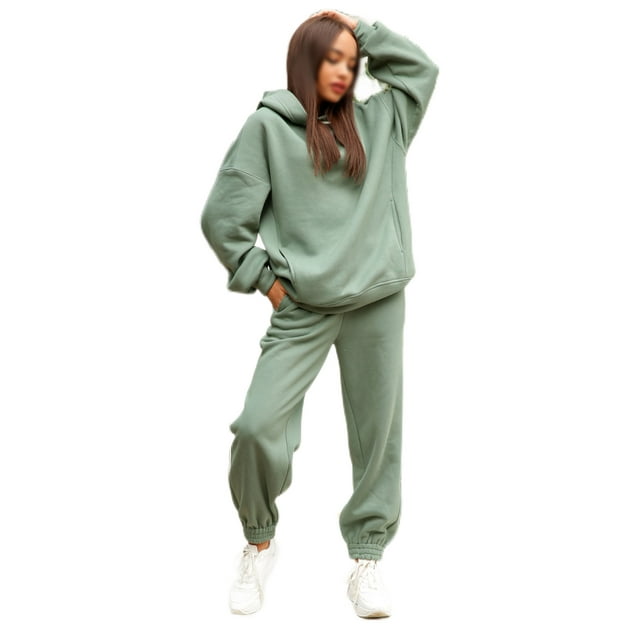 Daeful Women Sweatsuits Plain Two Piece Outfit Autumn Solid Color Elastic Waist Pants Jogger Set Green XL
