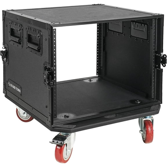 Sound Town Black Series 8U PA/DJ Rack/Road Case with 8-Space, All-Black Anodized Hardware, Plywood, Casters, and 21” Rackable Depth - Pro Tour Grade (STRC-B8UW)