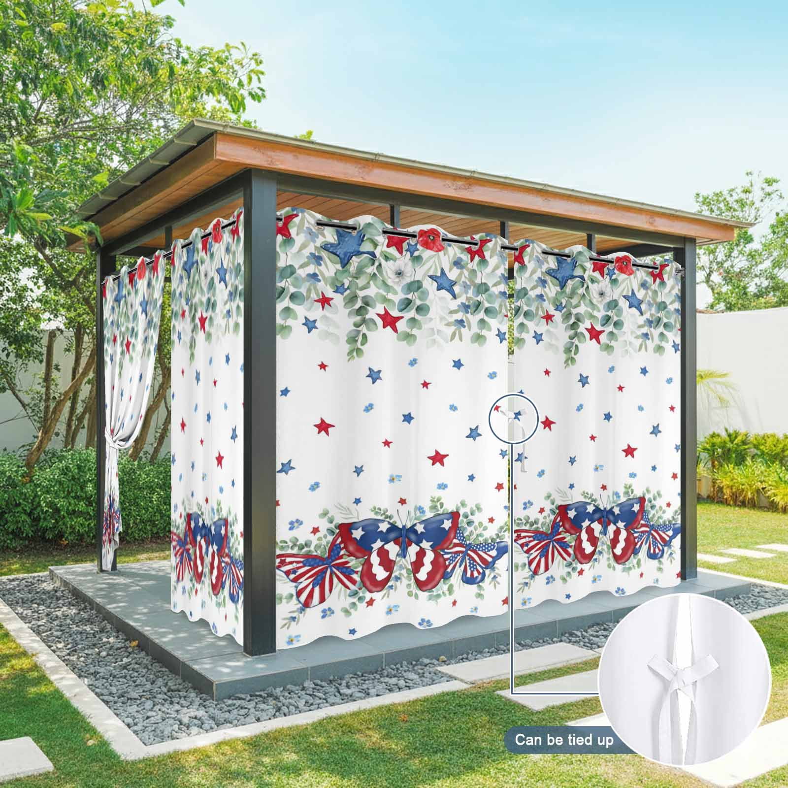 Independence Day Outdoor Curtains for Patio, Country Farmhouse Red Blue Star Butterfly Leaf Flower Sunshade Privacy Drapes Grommet Waterproof Outside Curtains for Porch Balcony 54"x108", 1 Panel