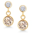 thumbnail image 2 of Gem Stone King 14k Yellow Gold Peach Morganite and White Moissanite Two Stone Dangle Earrings for Women (1.40 Cttw, Gemstone October Birthstone, Round 6MM, Round 3MM), 2 of 4