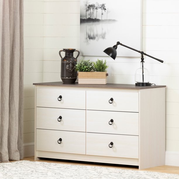 South Shore Plenny 6Drawer Double Dresser, White Wash and Weathered