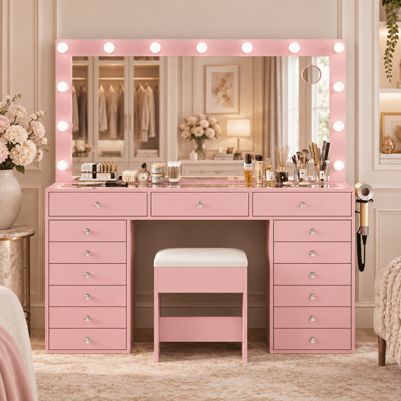Vanity Desk with Glass Top and LED Mirror, Makeup Vanity with 15 Drawers, 3 Lighting Modes, Power Outlets, Drop Leaf for Bedroom