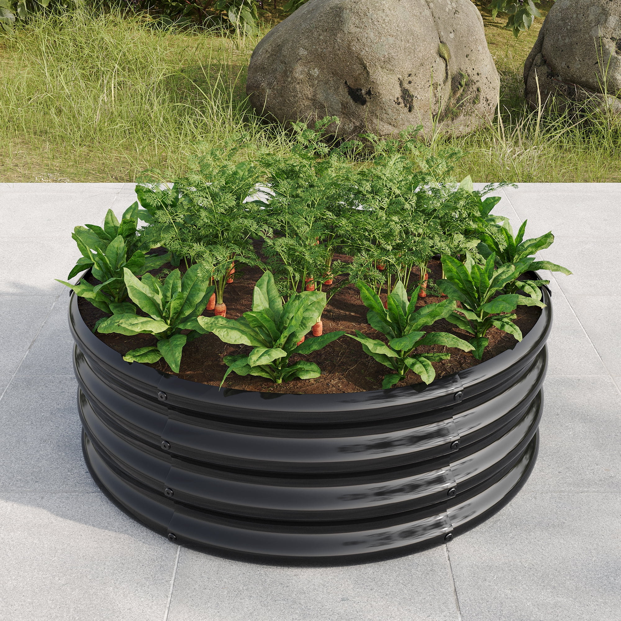 Galvanized Metal Planter Box, 32.08"x11.4" Tall Round Outdoor Raised Garden Bed, Black Backyard Patio Planter Raised Beds for Flower, Herbs, Fruits