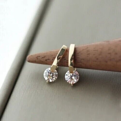 2Ct Round Cut Real Moissanite Drop Dangle Earrings 14K Yellow Gold Plated Silver