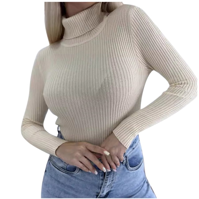 Dagegui Chandails à Col Roulé pour Femmes, Tricot Côtelé, Manches Longues, Chandail Extensible Ajusté, Hauts d'Automne Beige, P