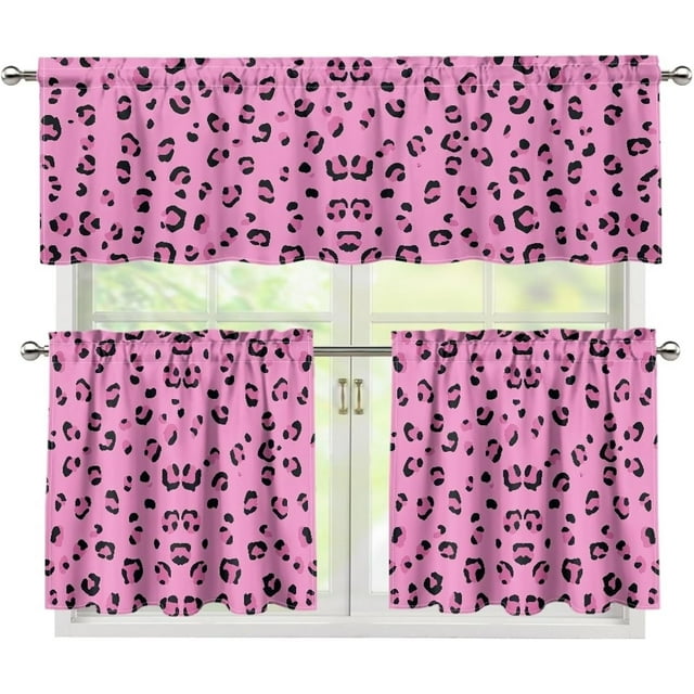 Pink Leopard Pattern 3 Piece Kitchen Window Curtain Panel Tiers and Valance Set Kitchen Window Curtains Kitchen Curtain Tiers Long Tier Curtains Cafe Curtains Home Decor